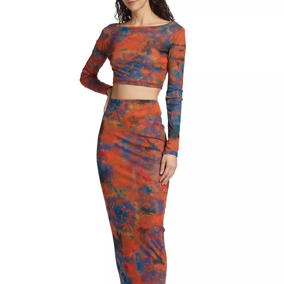 RONNY KOBO Vera Long Sleeve Mesh Crop Top in Orange Tie Dye Size Small - Picture 5 of 6